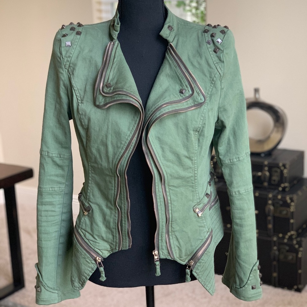 Green Moto Jacket with Metallic Studs